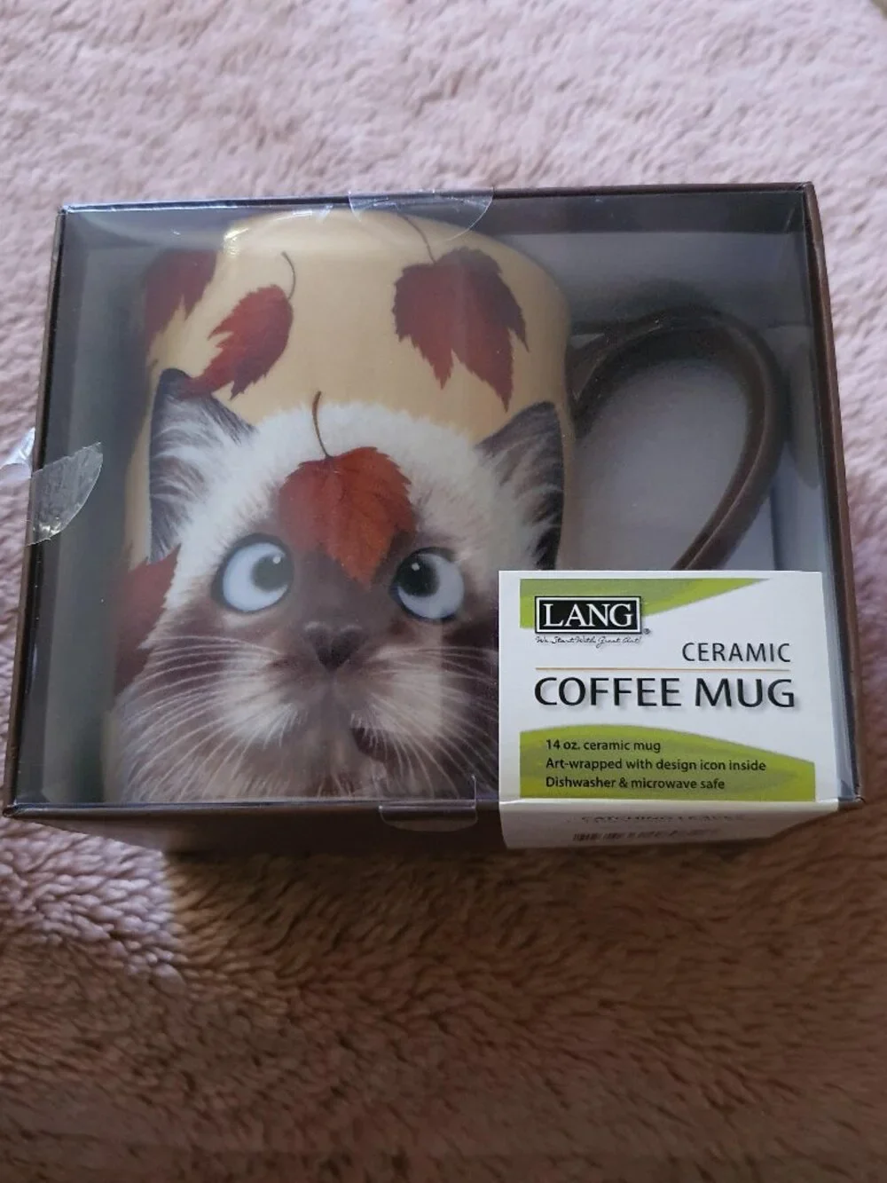 Lang Catching Leaves Cat Coffee Mug Cup 14 oz Design by Lowell Herrero 2016 NEW